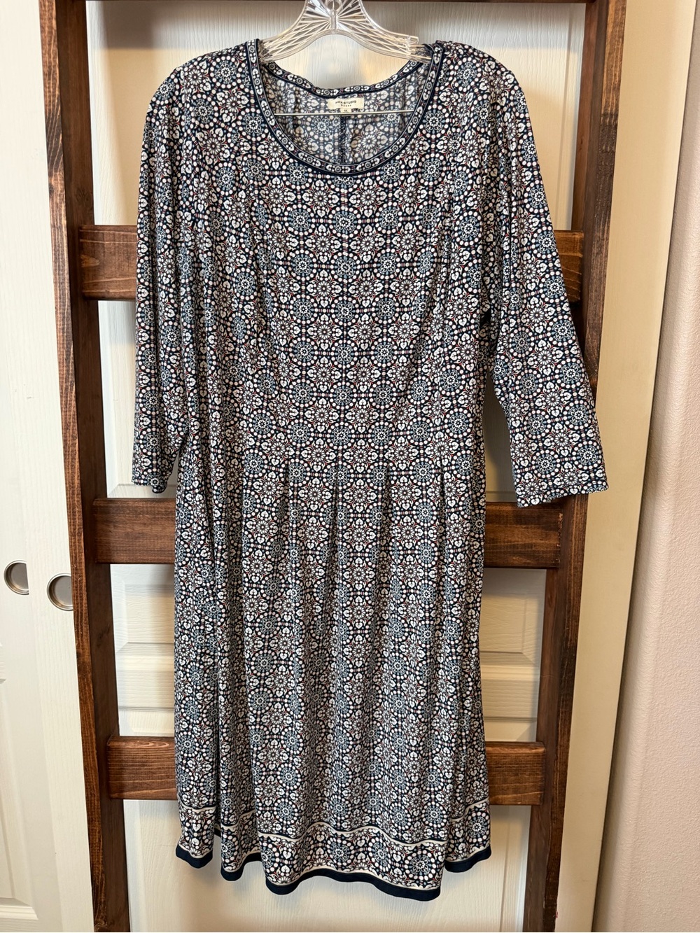 Max Studio Navy and White Printed A-Line Long Sleeve Dress